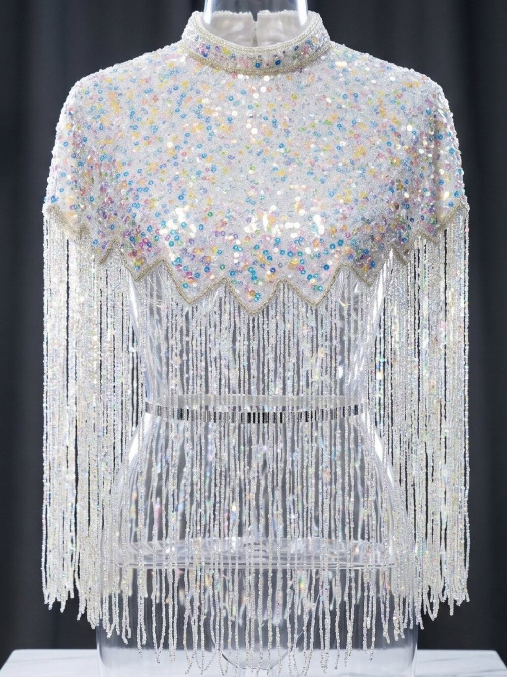 Iridescent Sequin Capelet, Beaded Fringe Shoulder Cover Up Cape, Festival, Boho